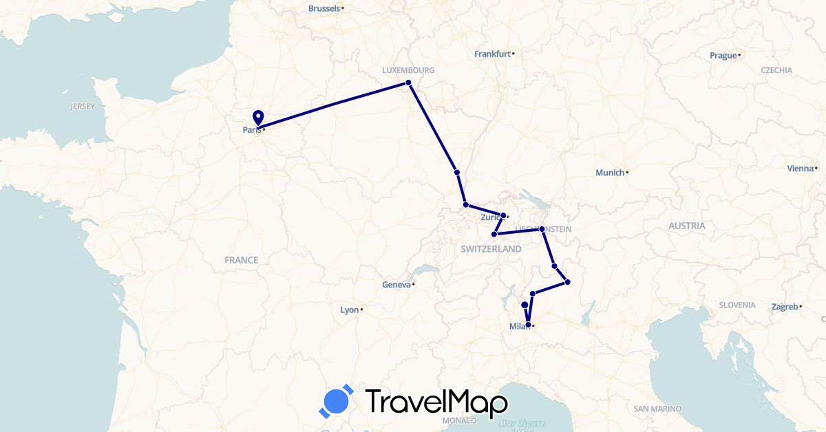 TravelMap itinerary: driving in Switzerland, France, Italy, Liechtenstein, Luxembourg (Europe)